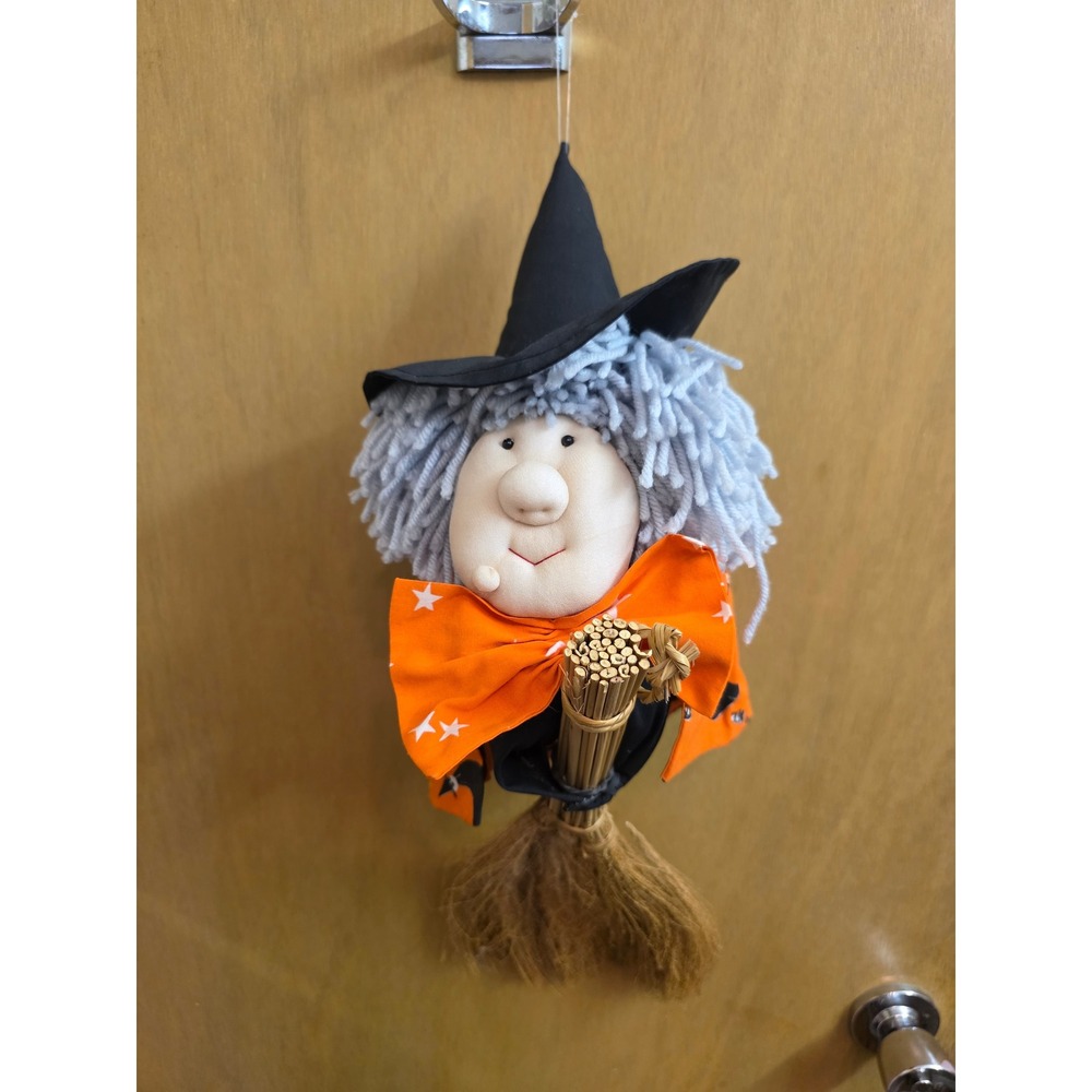 Handmade Halloween Witch Doll Fabric Hanging Decor Orange Black Cat Cape Broom